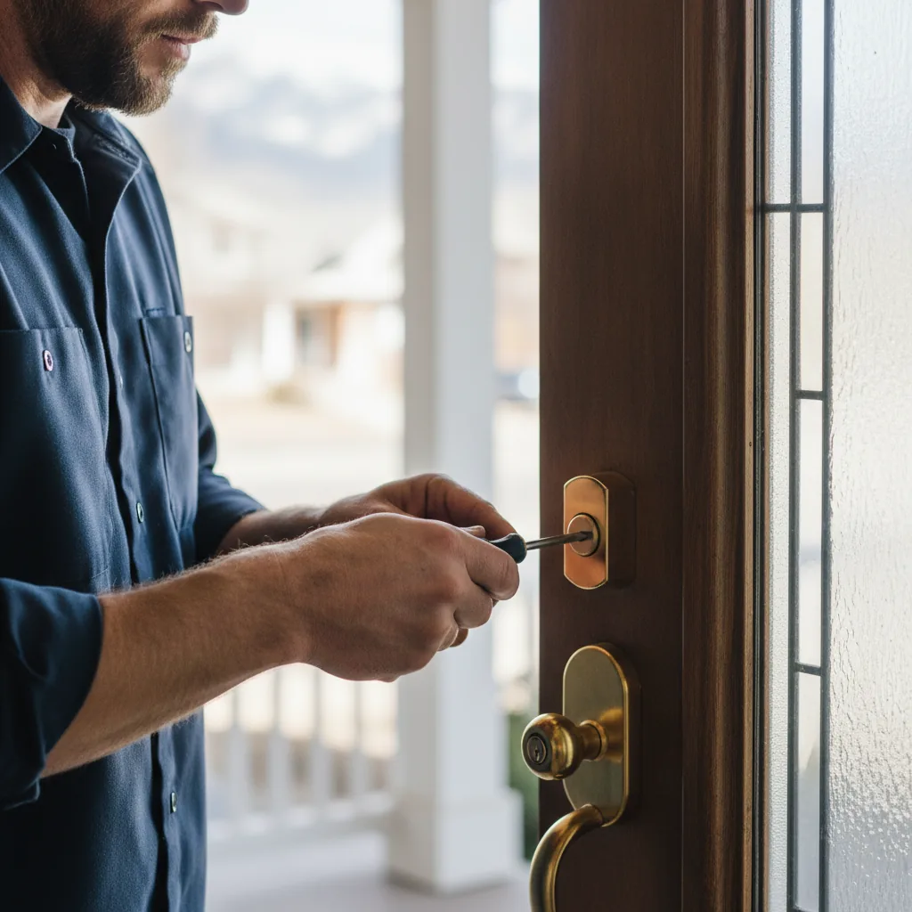 Denver locksmith working on a residential entry door